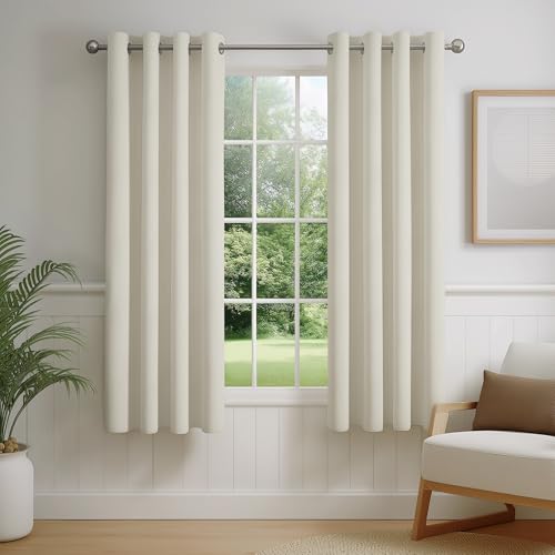 Image of FMFUNCTEX 100% Beige Blackout Curtains for Bedroom, Cream Weave Textured Curtains 54 Inch Length Thermal Insulated Curtains for Living Room, Farmhouse Drapes Grommet Room Darkening 2 Panels