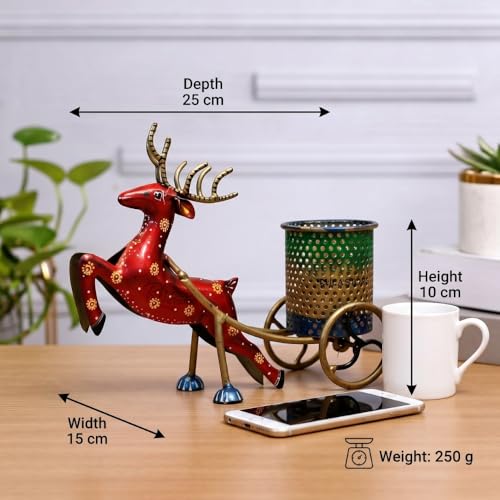 Image of Deer Pen Stand Metal Desk Organiser, Bronze Antique Finish 3-in-1 Pencil Holder Table Showpiece for Office Table Decor, Corporate Bulk Gifting Object (25x10x15 cm)