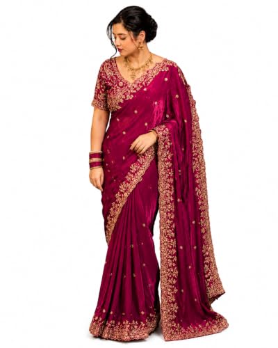 Image of DESTY Saree with Intricate Gold Embroidered Border & Designer Blouse