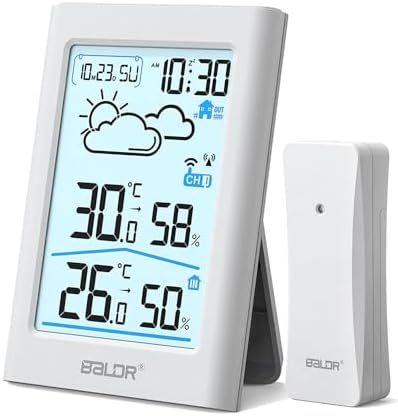 BALDR Radiowa stacja pogodowa z czujnikiem zewnętrznym, cyfrowy zegar radiowy DCF, termometr, wskaźnik temperatury, termometr pokojowy, higrometr, prognoza pogody, wyświetlanie godziny, budzik,
