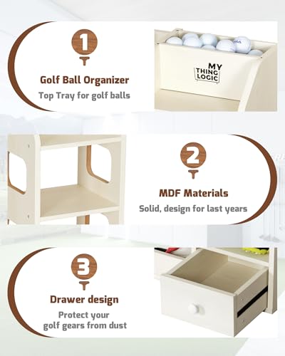 Image of Mythinglogic Wooden Golf Bag Storage Rack for 2 Bags with Drawer