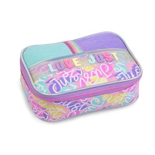 Estojo Escolar Menina Jeans Glitter Holográfico Divisórias Tendência Volta as Aulas Organizador Fofo