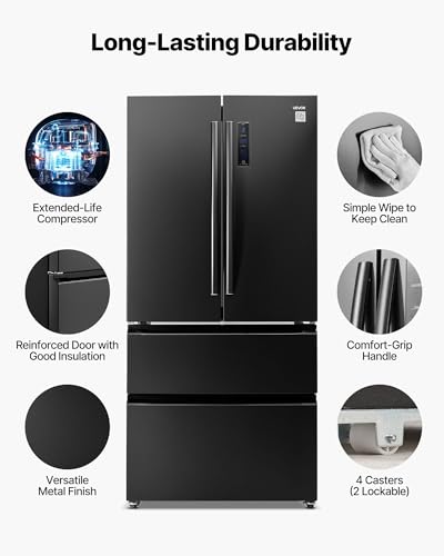 VEVOR French Door Refrigerator, 18.9 Cu. Ft. Kitchen Fridge, Counter Depth French Refrigerator with LED Display and 4 Casters, Frost-Free Bottom Freezer Refrigerators for Home & Commercial Use, Black on Fridge.com