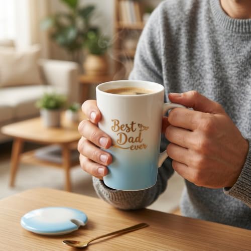 Image of ZAICUS Best Dad Ever Coffee Mug with Lid & Spoon, Ceramic Gift for Father | Suitable for Hot & Cold Beverages | Ceramic Mug | Elegant White & Blue Gradient Finish
