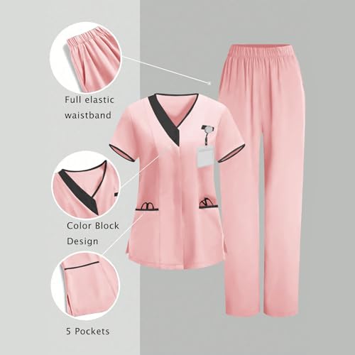 Image of 2026 Scrub for Cleaning Jobs Uniform, Multi Pockets Scrubs for Women Sets, V-Neck Top & Straight Leg Pants Scrubs Set