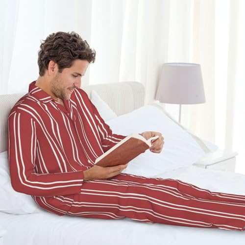 Stripes Red White Mens Pajama Sets 2 Piece Loungewear Button Down Sleepwear Pjs Set4