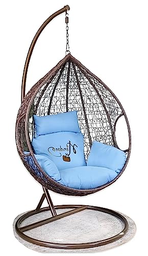 Image of Hindoro Rattan Wicker Wrought Iron Single Seater Swing Chair with Stand & Cushion & Hook Outdoor || Indoor || Balcony || Garden || Patio || Living Outdoor Furniture (Dark Brown with Blue, Egg Shape)