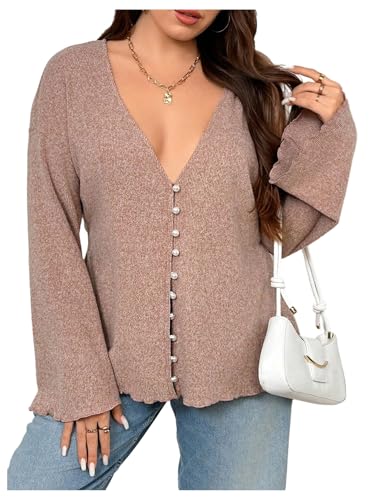 SHENHE Women's Plus Size Bell Sleeve Cardigan Pearl Button Up V Neck Ruffle Knit Cardigan Sweater