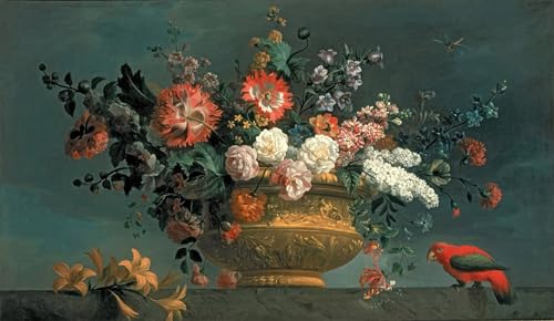 Fleur avec perroquet Jakob Bogdani Poster Toile Décoration Murale 60x90