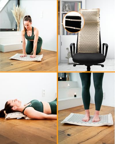 NEOLYMP Akupressurmatte mit Kissen und Eingewöhnungstuch, gefüllt mit Kokosfasern und Buchweizen - Massagematte mit 7.452 Druckpunkten - Videoanleitungen mit Akupunktur Matte Übungen (beige)