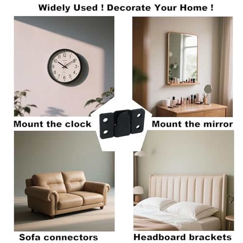 Image of 4 Pairs Stainless Steel Flush Mount Bracket Interlocking Headboard Hardware for Picture Hangers,Interlocking Heavy Duty Photo Frame Hook,Interlock Bracket Furniture Connector (Black)
