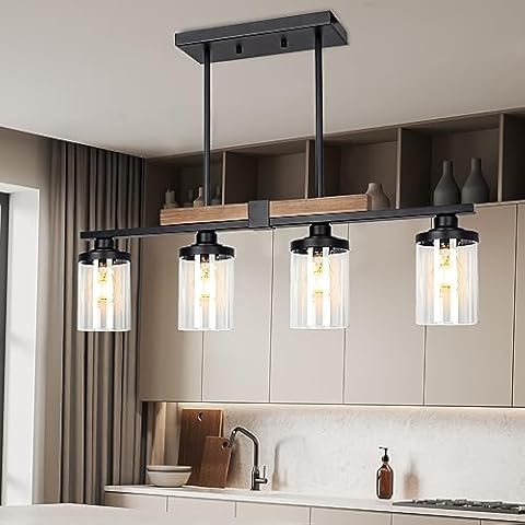 Dining Room Light Fixture Over Table, Farmhouse 4-Light Kitchen Island Lighting, Modern Wood Chandelier with Adjustable Height, Large Industrial Black Pendant Lights Ceiling Hanging for Living Room Cover