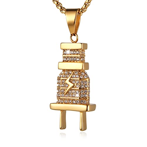 AsAlways Plug Necklace for Men Rapper Stainless Steel 18K Gold Plated Cubic Zirconia Hip Hop Pendant Necklace Jewelry Gift