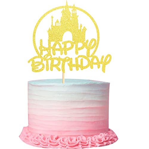 Arthsdite Decoração para bolos de aniversário de castelo, decoração para festas de aniversário com tema de castelo, decoração para bolos de feliz aniversário, purpurina dourada