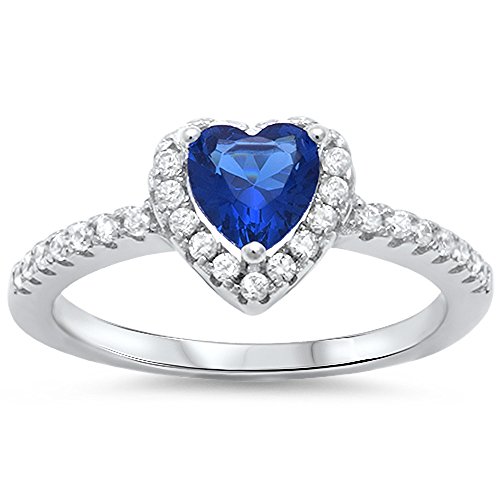 Oxford Diamond Co Halo Simulated Blue Sapphire & Heart Cubic Zirconia .925 Sterling Silver Ring Size 9