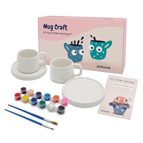 Kit para pintar tazas y platos – Set DIY para 2 personas con 2 tazas, 2 platos, pinturas acrílicas, pinceles y guía, regalo creativo para pareja, amigos o familia, actividad artística y divertida