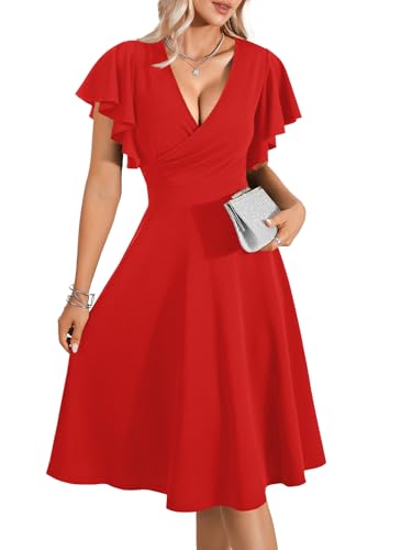 Image of LYANER Women's Warp V Neck Ruffle Short Sleeve A Line Swing Flared Cocktail Party Midi Dress