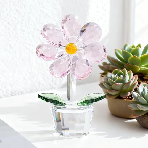 Crystal Flower Figurine Faceted Glass Pink Flower Statue Paperweight Gift for Her Collectible Ornament Desk Home Decor