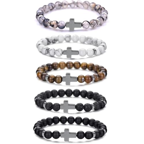 Cross Bead Bracelet for Men Women,8mm Tiger Eye, Lava Rock, Black Obsidian Healing Crystal Beaded Bracelets,Natural Protection Stone Bracelets Jewelry Gifts for Men Women