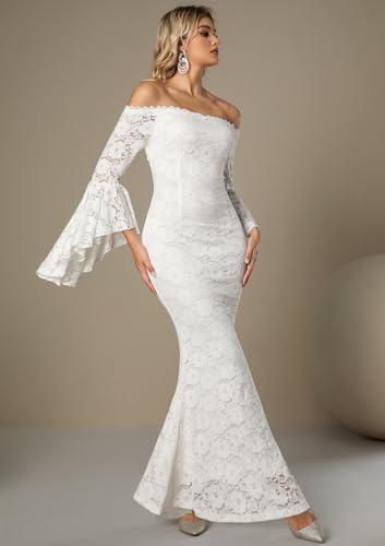 Image of HOYISHION Women's Off The Shoulder Floral Lace Maxi Dress White Bridesmaid Wedding Party Maternity Photoshoot Long Dresses