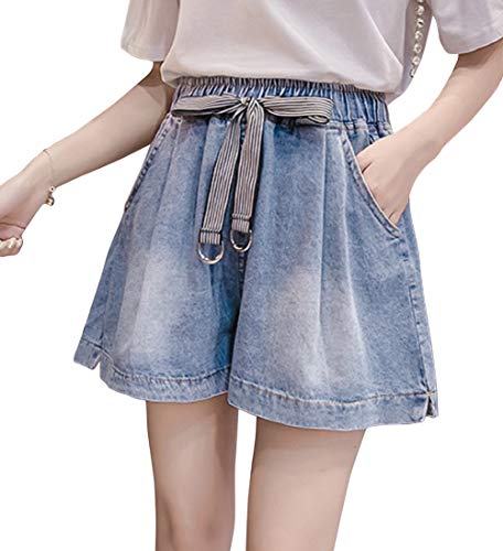 CHARTOU Women's Elastic Waist Bowknot Wide Leg Slit Denim Jean Shorts Culottes (Small, Blue)
