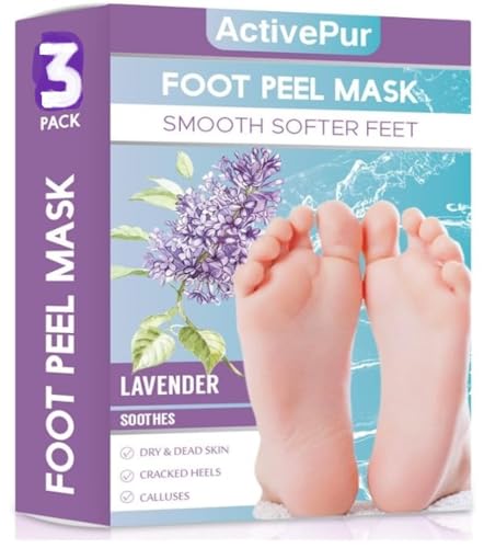 ActivePur Foot Peel Mask - 3 Packs (3 Pairs) of Skin Exfoliating Foot Masks for Dead Skin Removal, Dry Feet, Cracked Heels & Callus, Dead Skin - Feet Peeling Mask for baby soft feet (French Lavender)