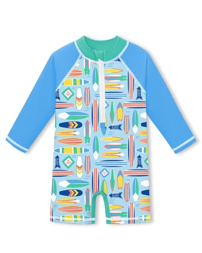 BesserBay Toddler Baby Boy UPF 50+ Surfboard Long Sleeve Swimsuit Beach One Piece Blue Multicolor Zip Up Rashguard 24-36 Months