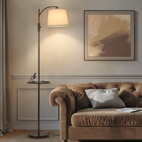 Image of AIDENOEY Fully Dimmable Floor Lamp for Living Room,Standing Lamp Rotary Switch with Table&Linen Beige Shade,Brown Tall Lamps for Bedroom with Adjust Head,9W LED Bulb Included