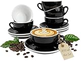 MUVELL 6x Cappuccinotassen á 200 ml | Schwarz | Italian Style | extra dickwandige 8 mm & schwere Ausführung | spülmaschinenfest | 12 teiliges Cappuccinotassen Set mit Untertassen - Geschenkset