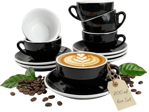 MUVELL Lot de 6 tasses à cappuccino de 200 ml - Noir - Style italien - Paroi extra épaisse de 8 mm et version lourde - Passe au lave-vaisselle - Set de 12 tasses à cappuccino avec soucoupes - Coffret