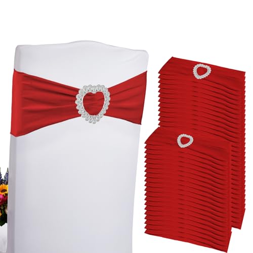 Zrlljp 100PCS Spandex Stretch Red Chair Sashes Bows Universal Elastic Chair Cover Bands Ties with Buckle Slider for Wedding Party Birthday Reception Event Banquet Decoration(Red)