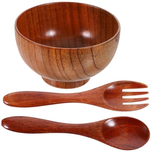 Frcolor 木製サラダボウル 耐久性のある木製食器 小型食事用ボウル フルーツやスナックに 和風デザインのフォークスプーン付きポータブル