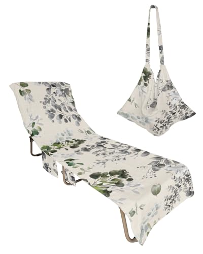 Turquoise Grey Eucalyptus Leaves Beach Lounge Chair Towel Cover, Soft Chaise Lounge Towel with Side Pockets Patio Pool Chairs Cover for Beach/Pool Sunbathing 29x85 Spring Summer Botanical