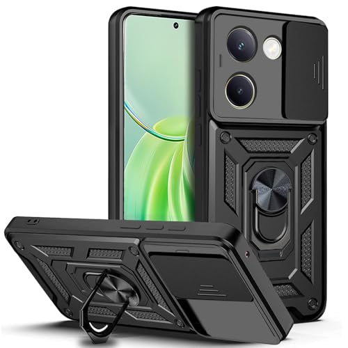 Image of AESTMO Polycarbonate Tough Armor Vivo Y200 Pro 5G Bumper Back Case Cover|Ring Holder & Sliding Camera Shield Cover|360 Degree Protection Back Case Cover for Vivo Y200 Pro 5G (Black)