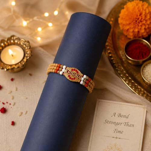 Image of Canfinity Premium Krishna Rakhi for Brother | Wooden Beads Designer Rakhi | Handmade Traditional Raksha Bandhan Thread | 1 Pc