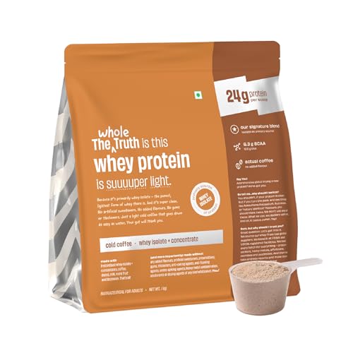 Image of The Whole Truth Whey Protein Isolate+Concentrate | Cold Coffee 1 kg (2.2 lbs) | 24g Protein per scoop | 6.4g BCAA | No Adulteration | Clean, Light & Easy to Digest | Vegetarian