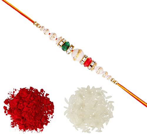 Image of Aheli White Ball AD Ring Rakhi with Roli Chawal Tilak For Men Boys (Golden) (R17712E)