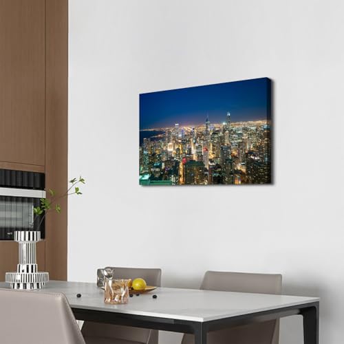 Image of Chicago Canvas Wall Art City Skyline Picture Wall Decor Dusk Cityscape Poster Modern USA Landscape Painting Skyscraper Buildings Photo Prints Artwork for Living Room Home Office Decorations 16x24 inch