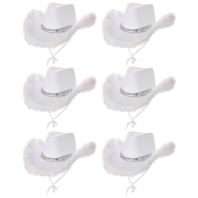 My Illusions Fluffy White Cowgirl Hat with Feathers and Sequins Cowboy Fancy Dress Festival Costume Accessory (6 Pack)