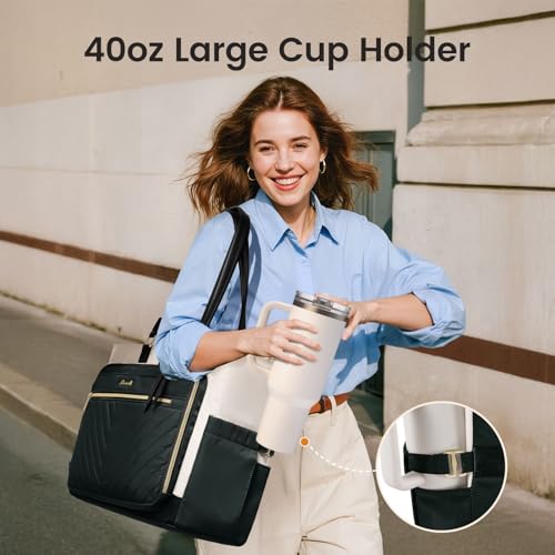 Image of LOVEVOOK 17 Inch Laptop Work Bag for Women, Teacher Tote with Large Cup Holder, Work Bag with Organized Multi-Pockets, Ideal for Daily Use, Dark Green-Beige-Black