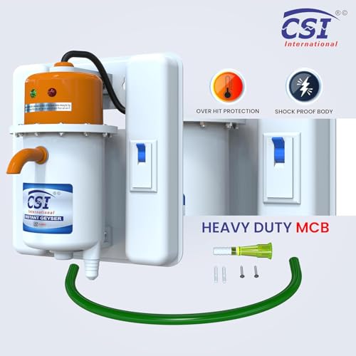Image of CSI International Instant Water Heater Geyser 1 Litre Portable ABS Plastic Body Fast Heating Electric Water Heater with Auto Cut Off Safety and 1 Year Warranty White Orange