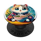 carino divertente gatto mangiare ramen retro giapponese tagliatelle kawaii popsockets popgrip adesivo