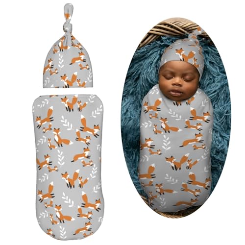 Image of Cute Foxes Leaves Gray Newborn Swaddle Blankets Hat Sets Soft Baby Receiving Blanket Swaddle Sack for Baby Shower Infant Boy Girl Gift