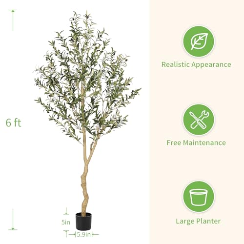 Realead 6ft Faux Olive Tree, Tall Olive Tree Plants, Fake Potted Olive Silk Tree, Artificial Olive Trees for Modern Home Office Living Room Floor Decor Indoor