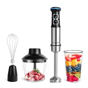 Kolohoso 1500W Staafmixer, 4 in 1 Handblender met 21 Instelbare Snelheden, Immersion Blender met 4 Roestvrijstalen Messen, Elektrische Staafmixerset met 600ML Hakmolen, 800ML Maatbeker, Garde BPA-vrij