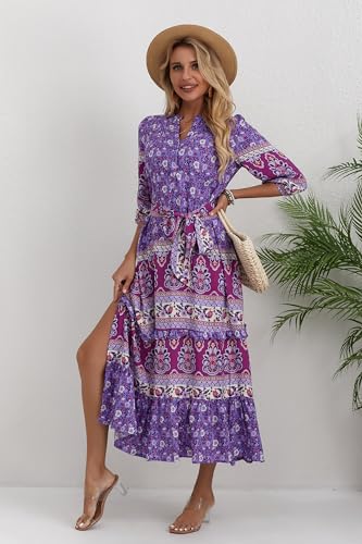 Image of Women Boho High-Waist Floral Print Maxi Dress 3 /4 Sleeve Casual | Soft Rayon, Breathable, Quick-Dry. High-Waist with Adjustable Belt, Flattering Hem. Ideal for Beach, Work & Dating.
