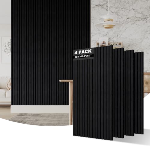 Image of AKUMAX Extra-Thick 0.7 inch Wood Slat Acoustic Wall Panels, 4 Pack 47.2 inch x 23.6 inch, 31 ft, NRC 0.80 Sound Absorbing 3D Slat Wall Paneling with Real Wood Veneer, E0 MDF and PET Felt, Black Oak