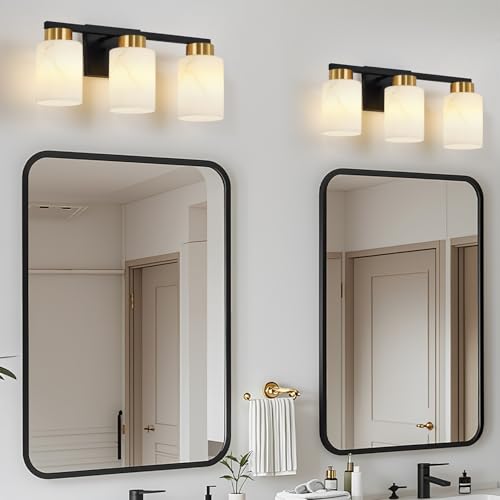 Image of 3-Light Bathroom Light Fixtures, Modern Vanity Lights, Black and Gold Metal Wall Lamp with White Marble Glass for Bathroom, Mirror, Living Room, Bedroom, Cabinet, Porch, Hallway, E26 Base