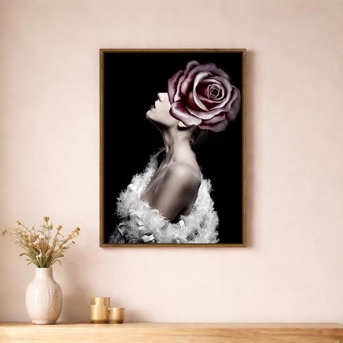 Image of Floral Woman Portrait Framed Canvas Painting For Living Room | Modern Rose Abstract Wall Art For Livingroom Wall Decor, Home Decor, Bedroom, Hallway's, Office, Hotel - 43x58 cm