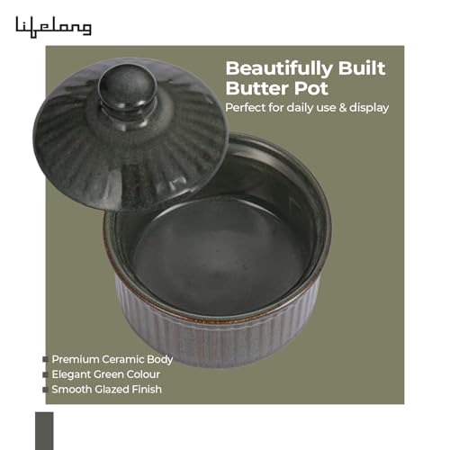 Image of Lifelong Butter Pot with Lid | Set of 2 | 300 ml Butter Keeper Crock | Ghee Pot Ceramic |Butter Jar Perfect for Kitchen &Dining Table & Storage |Ceramic Butter Dish Container (LLCRMBTP02, Olive Green)